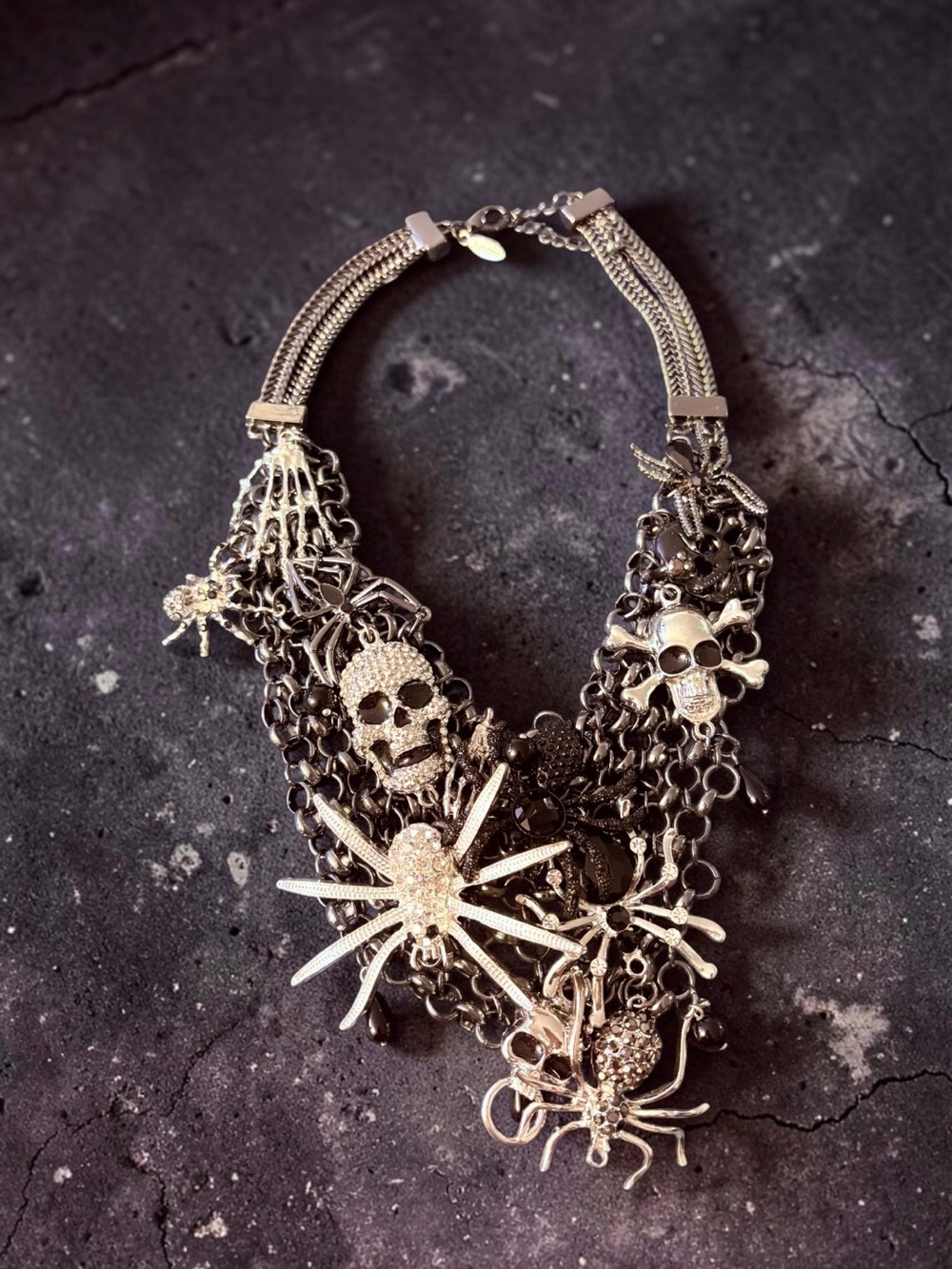 Natasha Accessories Gothic Halloween Skull Spider Statement Bib Necklace